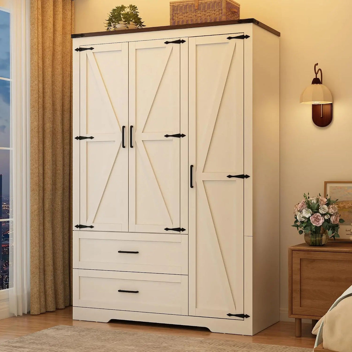 Farmhouse Wardrobe Armoire Closet with 3 Doors and 2 Drawers, 70.1" Wooden Clothing Storage Cabinet, Freestanding Large, Custom The Pet & Home Store