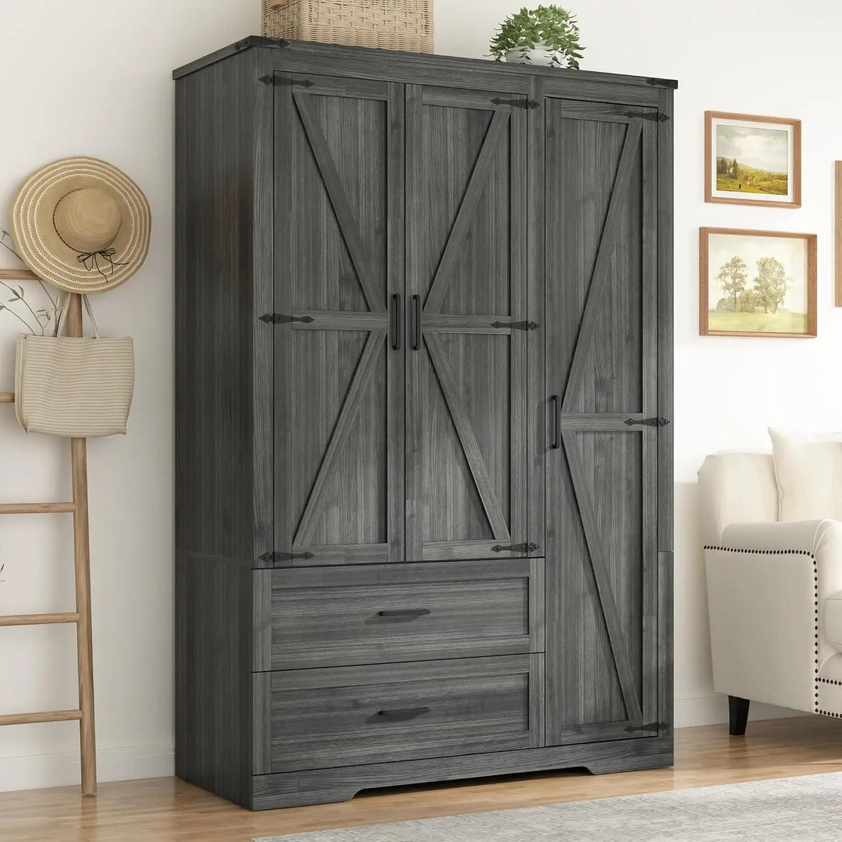 Farmhouse Wardrobe Armoire Closet with 3 Doors and 2 Drawers, 70.1" Wooden Clothing Storage Cabinet, Freestanding Large, Custom The Pet & Home Store