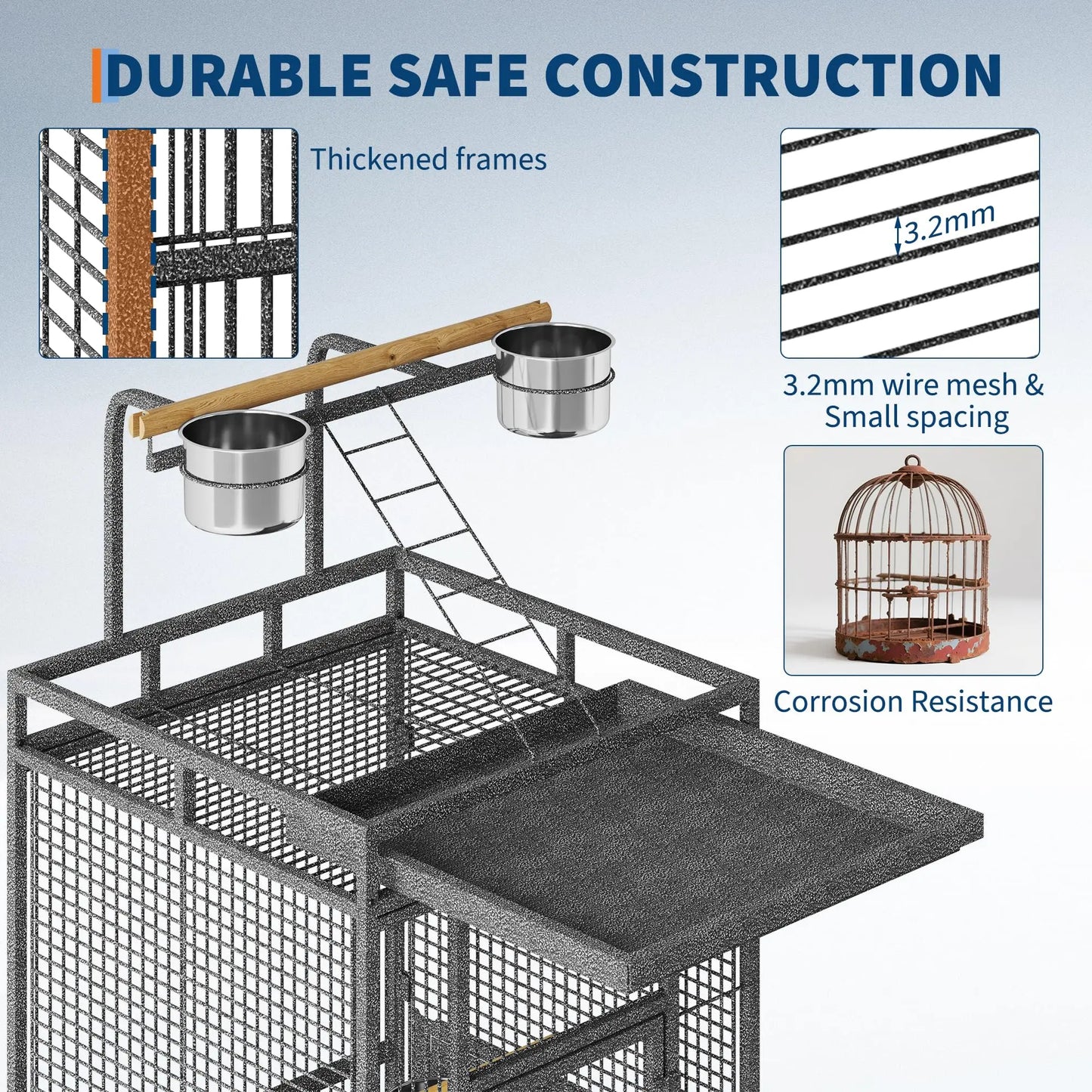 HiMISS Large Bird Cage With Rolling Stand, Sliding Tray, Bowls