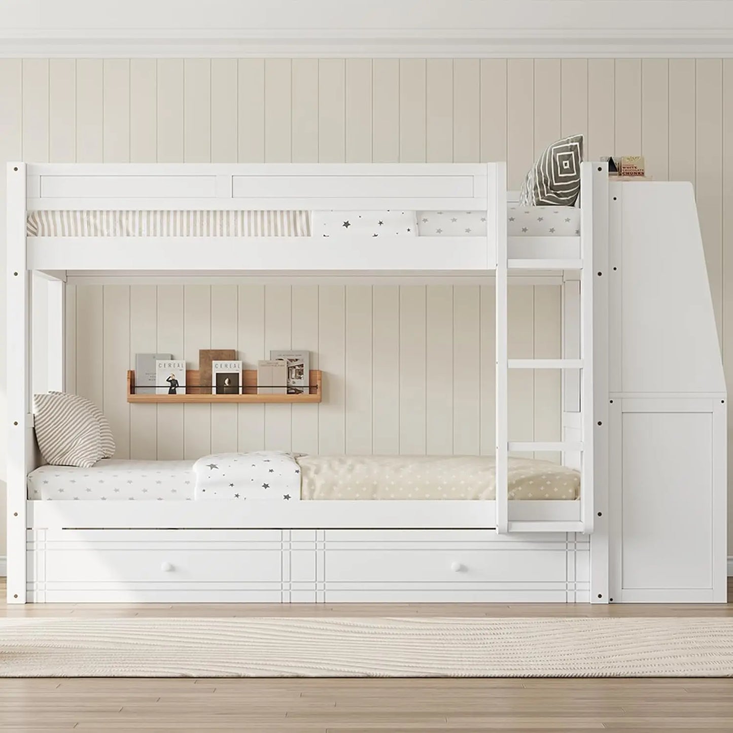 Full Over Full Multifunctional Bunk Bed with Desk and Bookshelves, Drawers, Space-Saving Wooden Bunk Bed for Kids &, Customized