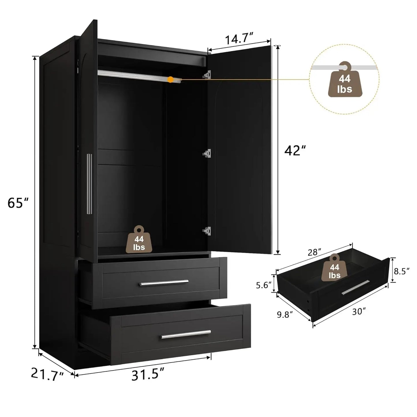 Frame Wooden Armoire Wardrobe Closet With Drawers And Hanging Rod