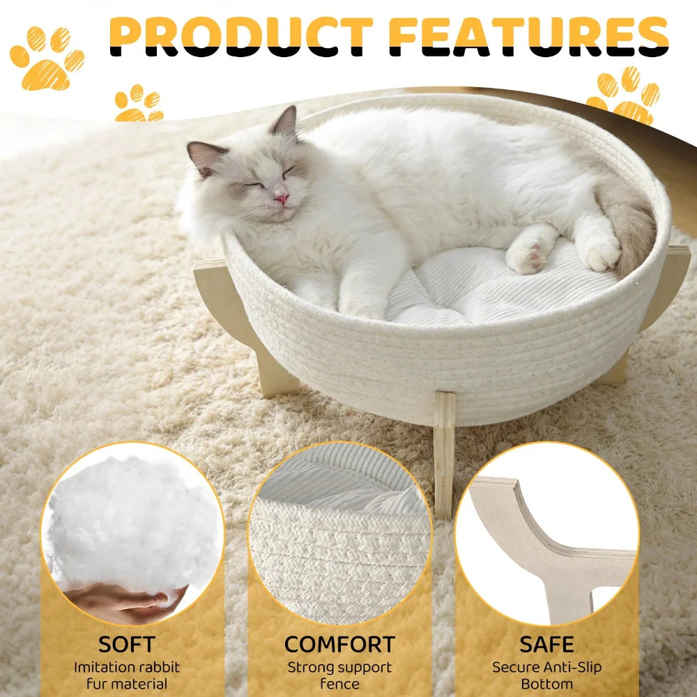 XMSJ Raised Wooden Cat Bed Sofa With Fluffy Cushion