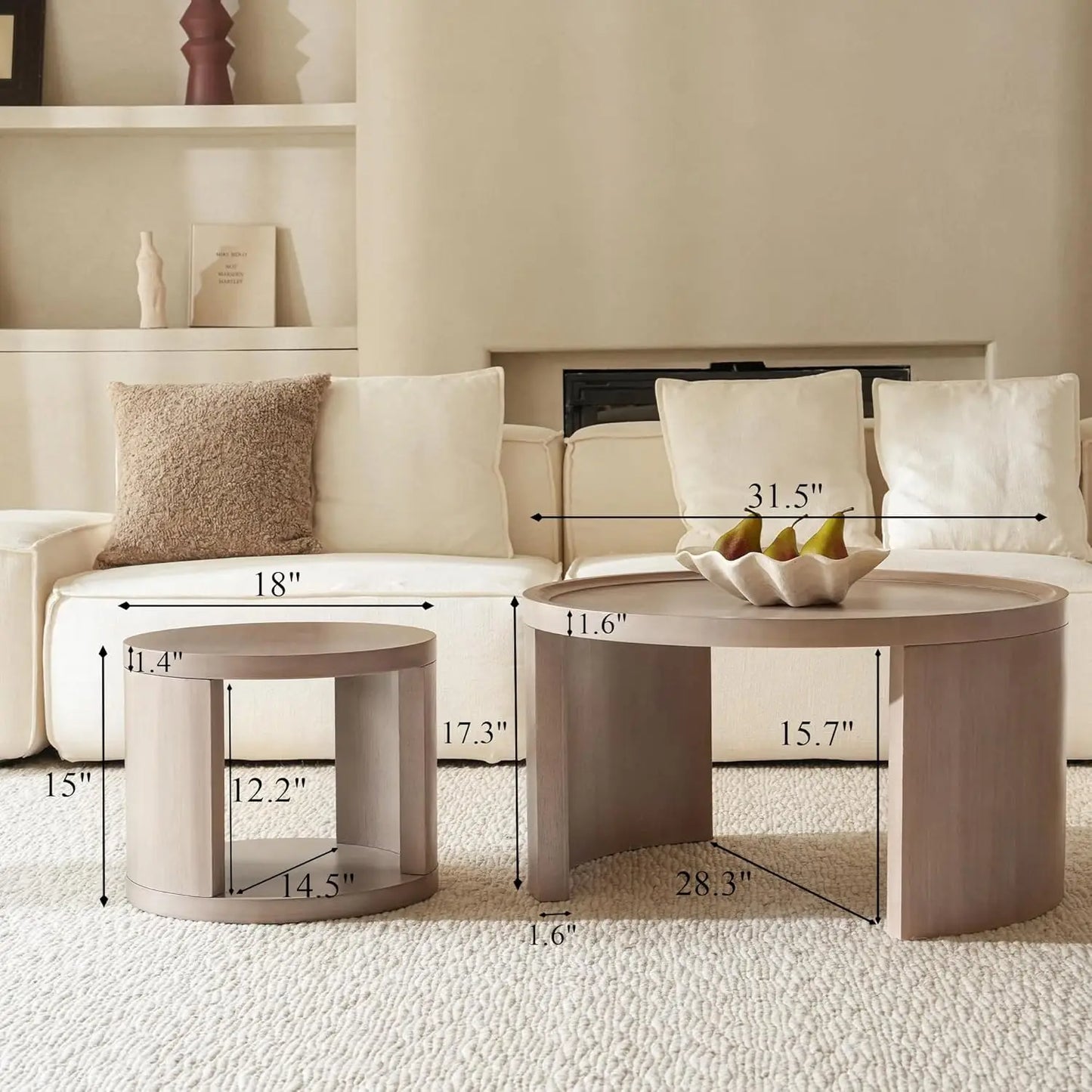 Round Nesting Coffee Table Set of 2 with Wood Tops