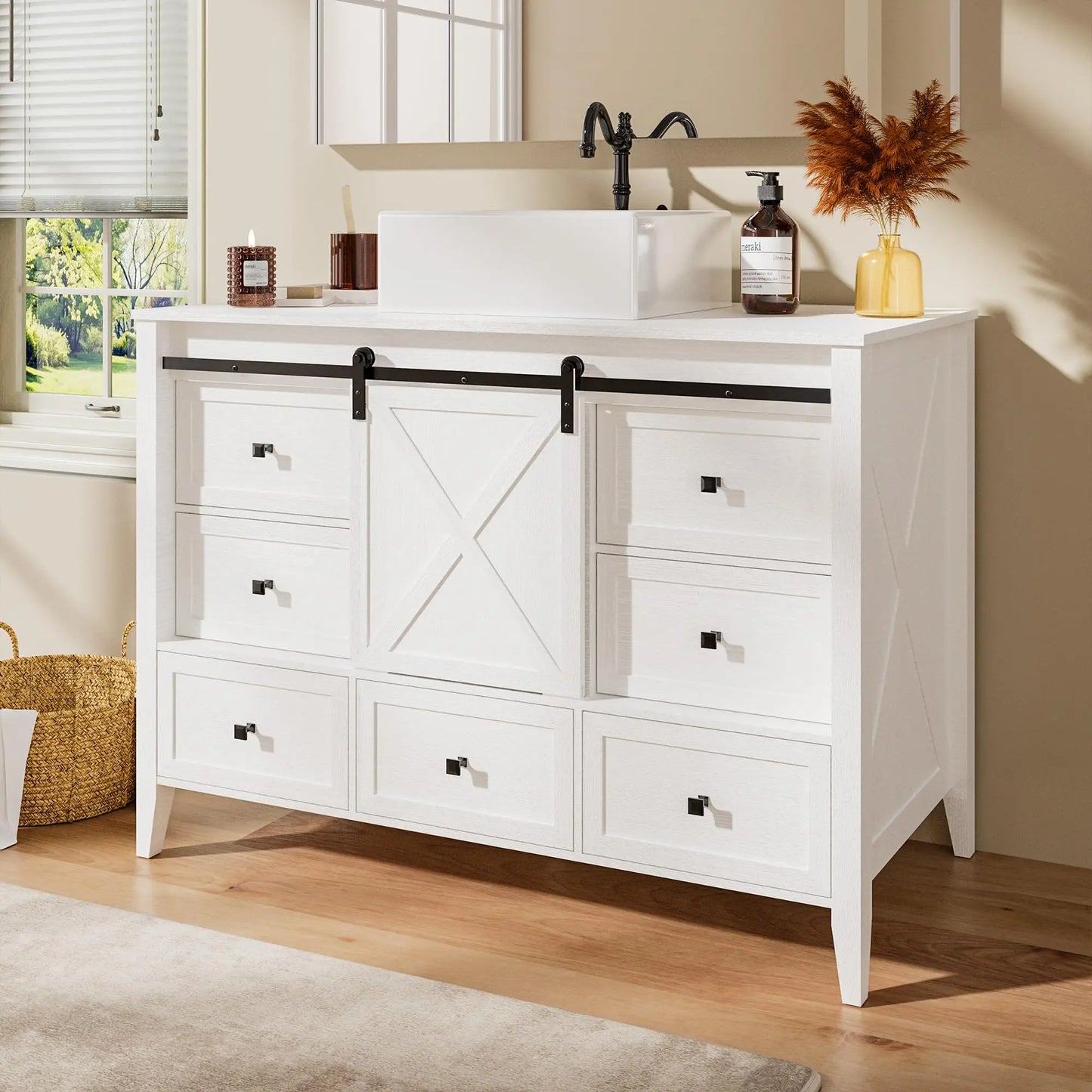 Ceramic Sink Bathroom Vanity With Freestanding Farmhouse Sliding Barn Door