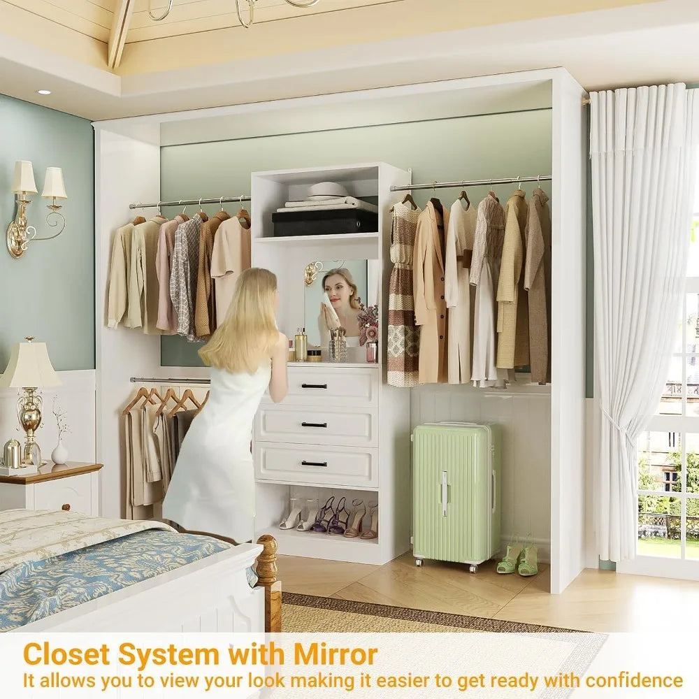 48"-96" Adjustable Closet Organizer System with Mirror, Drawers, Hanging Rod, and Tower for Heavy-Duty Clothing Storage, White