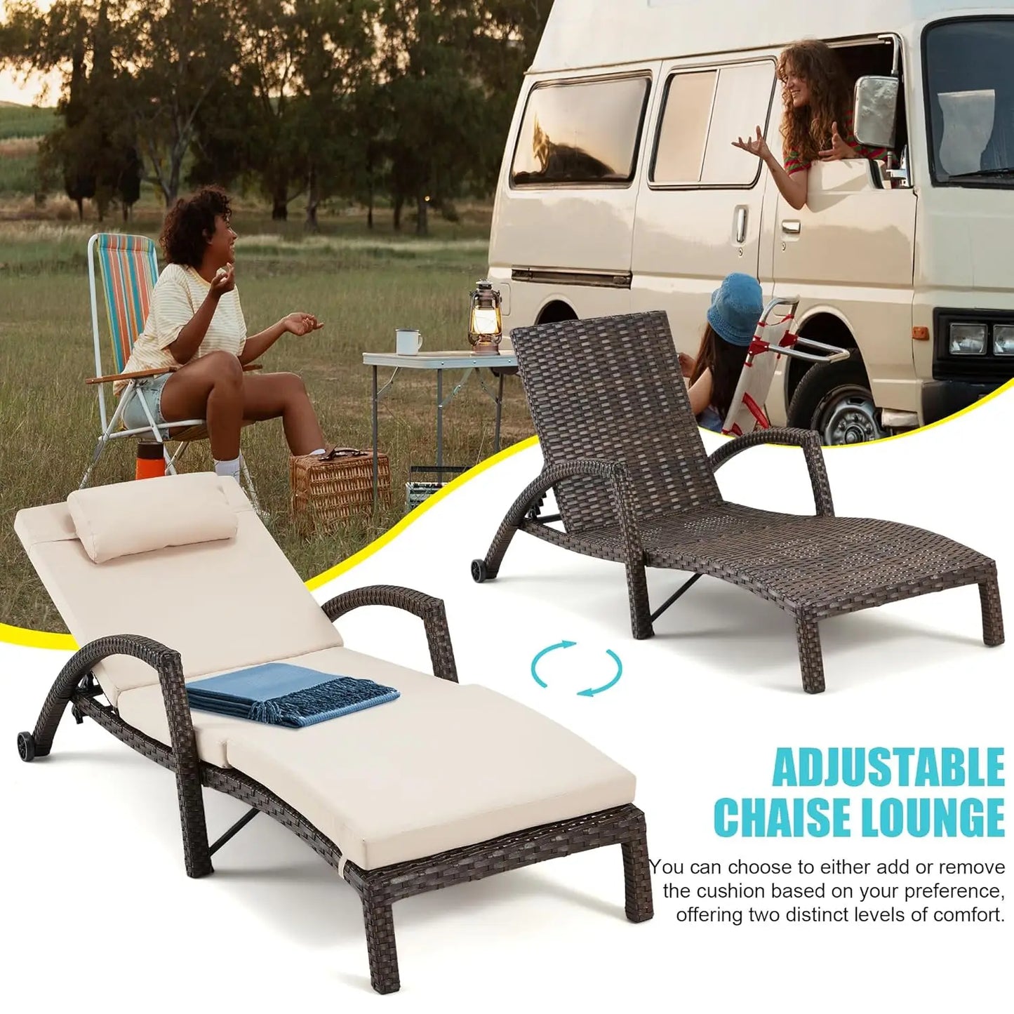 Adjustable 5-Position PE Rattan Outdoor Chaise Lounge Set 2 with Cushion Pillow Wheels for Poolside Backyard, Custom