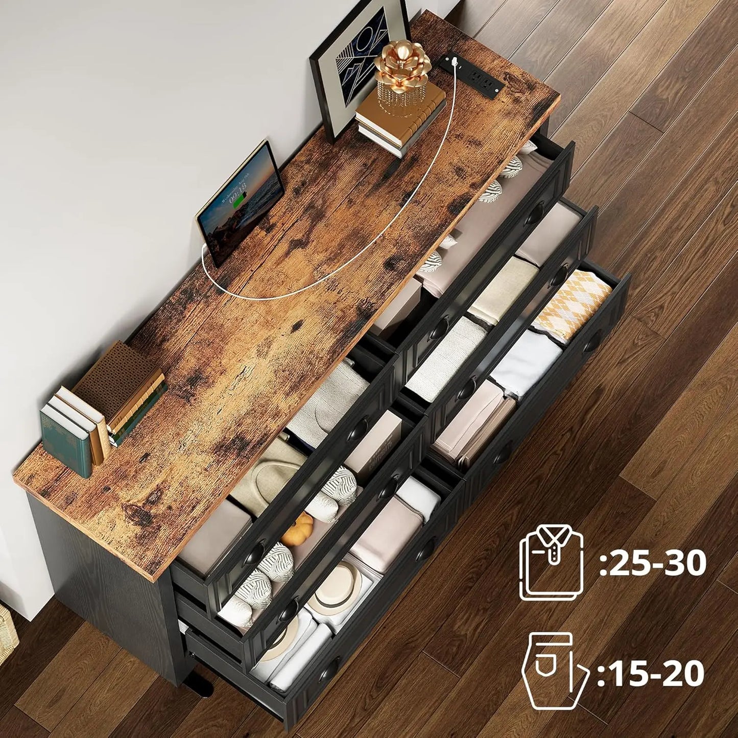 6-Drawer Farmhouse Wood Dresser With Power Strip Storage