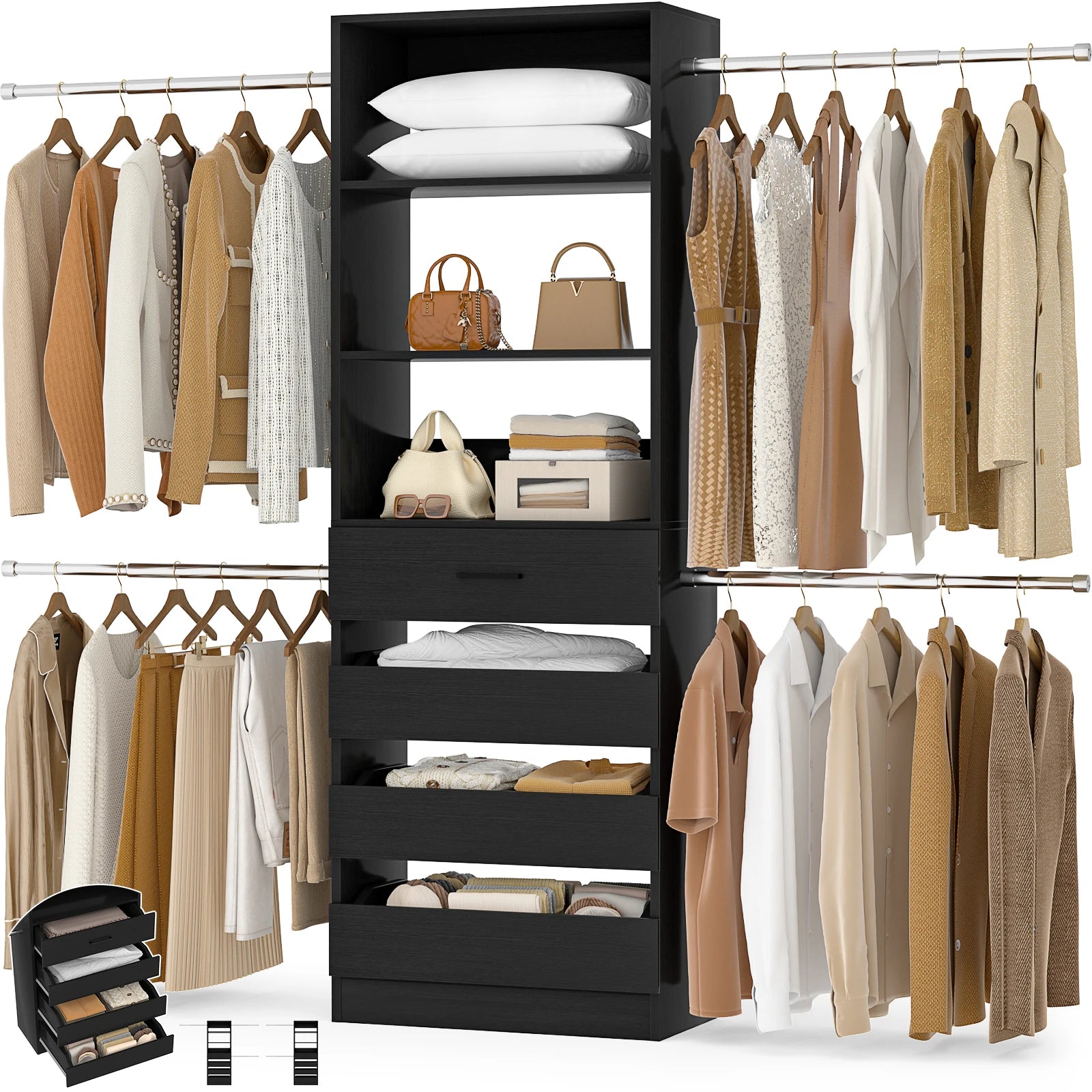 4-9Ft Closet System with 4 Wooden Drawers, Walk-in Closet Organizer Wardrobe Clothes Rack with 4 Hanging Rods, Garment Rack The Pet & Home Store