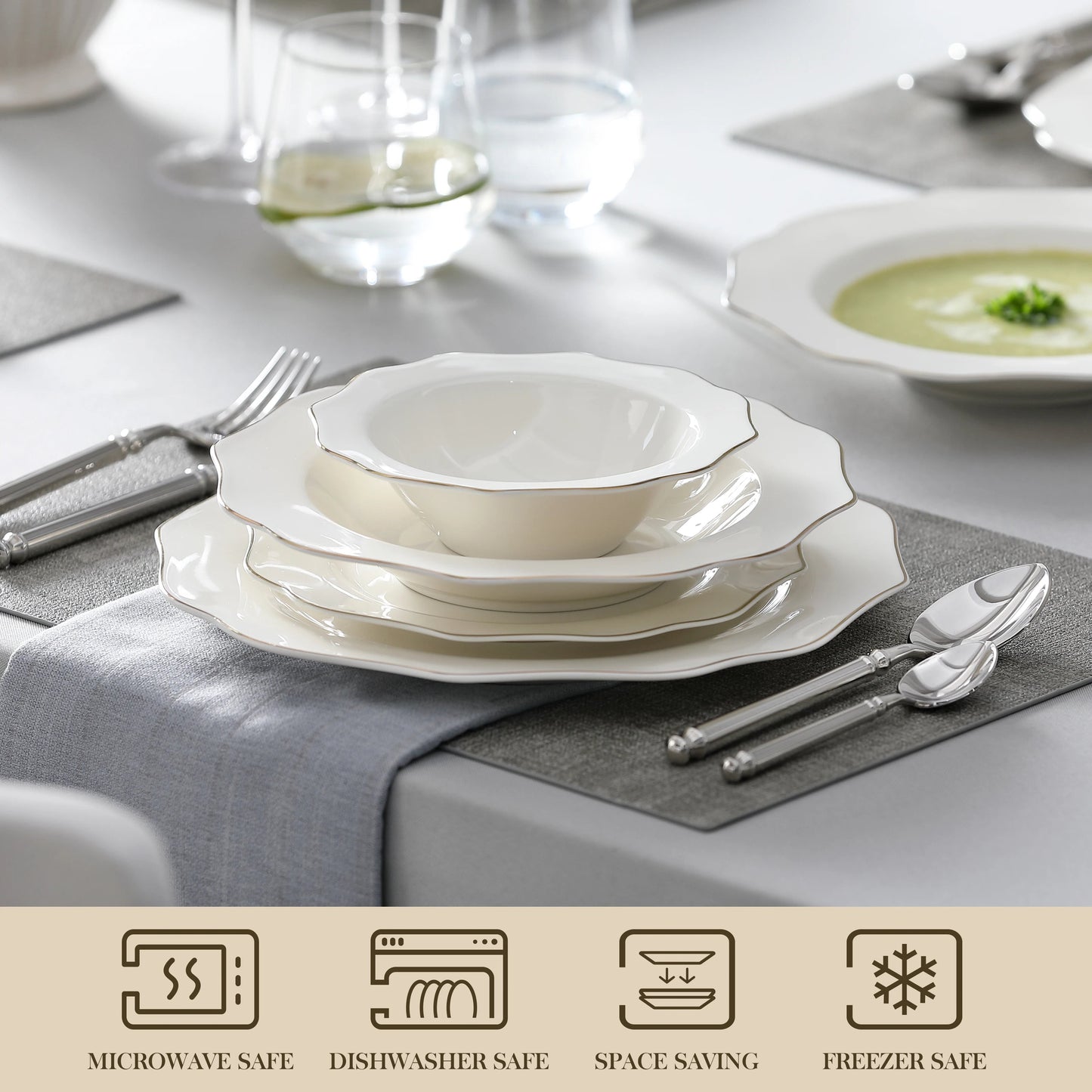 MALACASA 16/32-PIECE Nordic European Golden Rim White Porcelain Tableware Set with Bowl,Dinner&Dessert&Soup Plate Set for 4/8 The Pet & Home Store