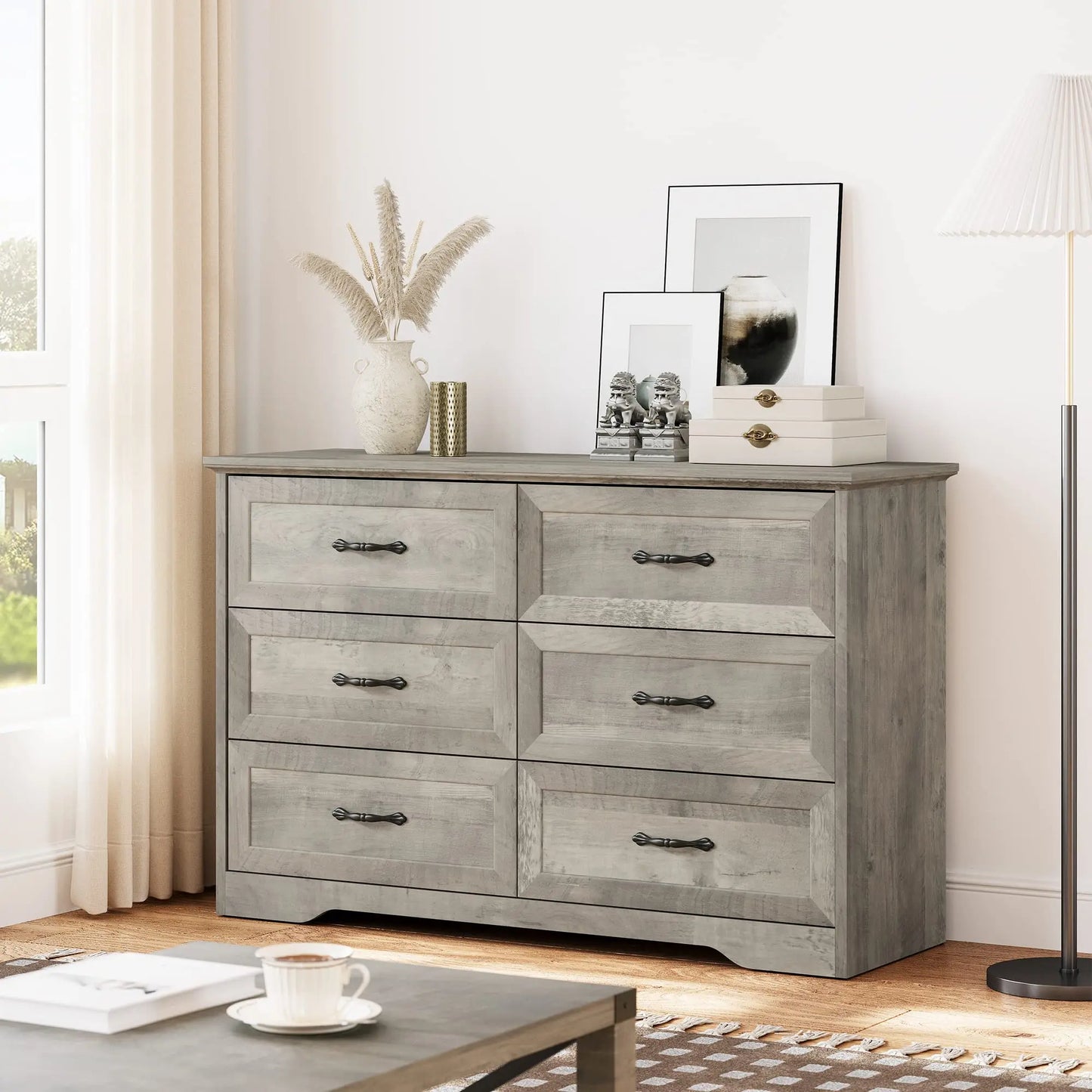 IDEALHOUSE Dresser for Bedroom with 6 Drawers, Wood Drawer Dresser Chest of Drawers for Closet, Living Room, Hallway