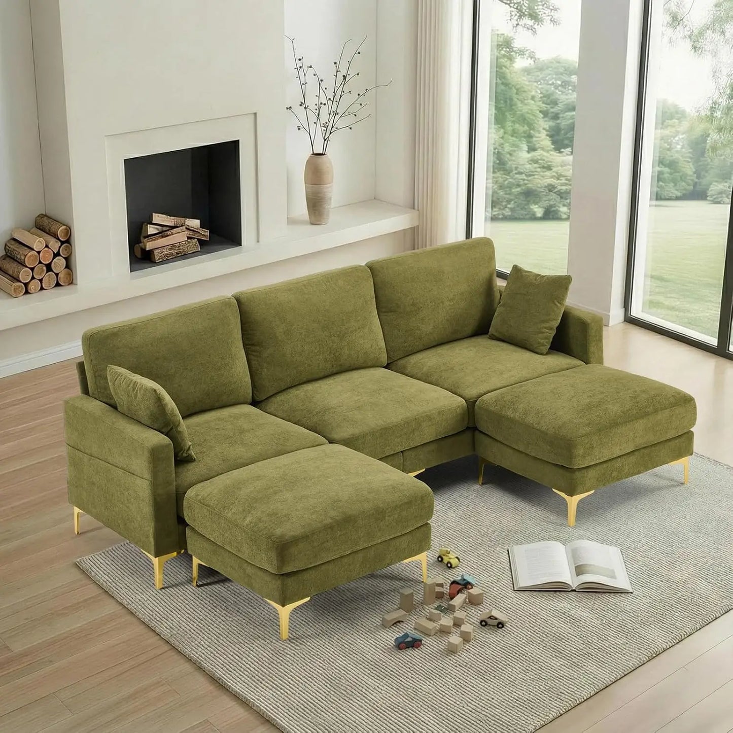 100" W U Shaped Couch with Ottoman, 22" Deep Seat Comfortable Sectional Couches for Living Room,  Chenille Fabric，Customized