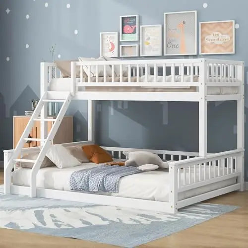 Me Twin XL Over Queen Bunk Bed for Adults Teens, Wooden Floor Bunk Beds Twin XL Over Queen with Ladder and Guardrails
