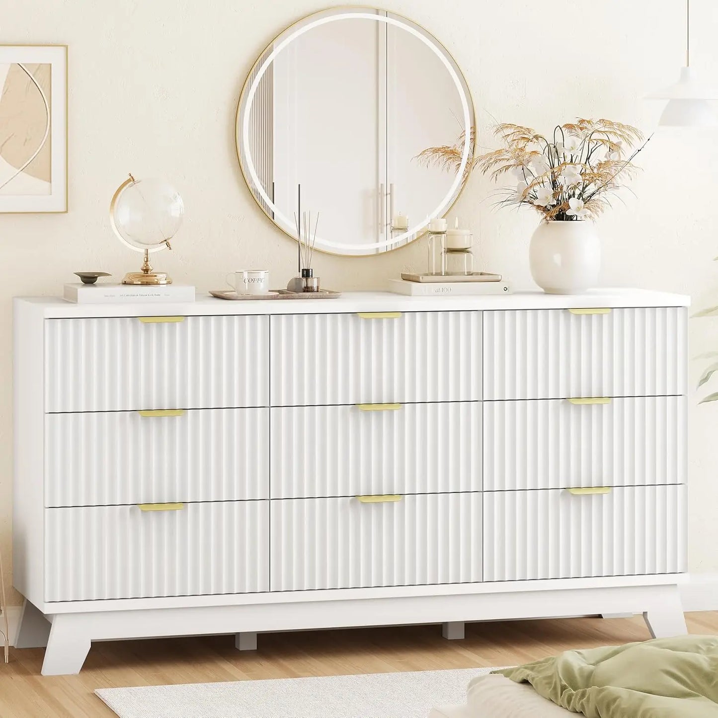 Fluted 9-Drawer Dresser In Oak Wood With Metal Handles