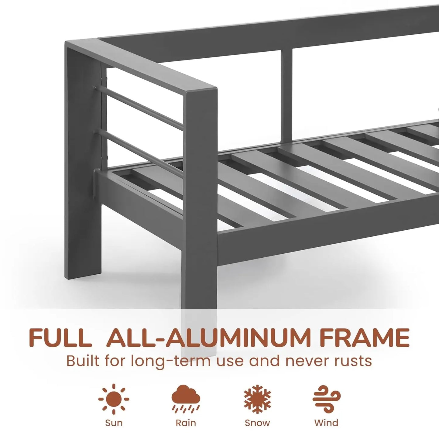 3 Seat Dark Aluminum Patio Sofa, All Weather Outdoor Couch with Cushions, Customized