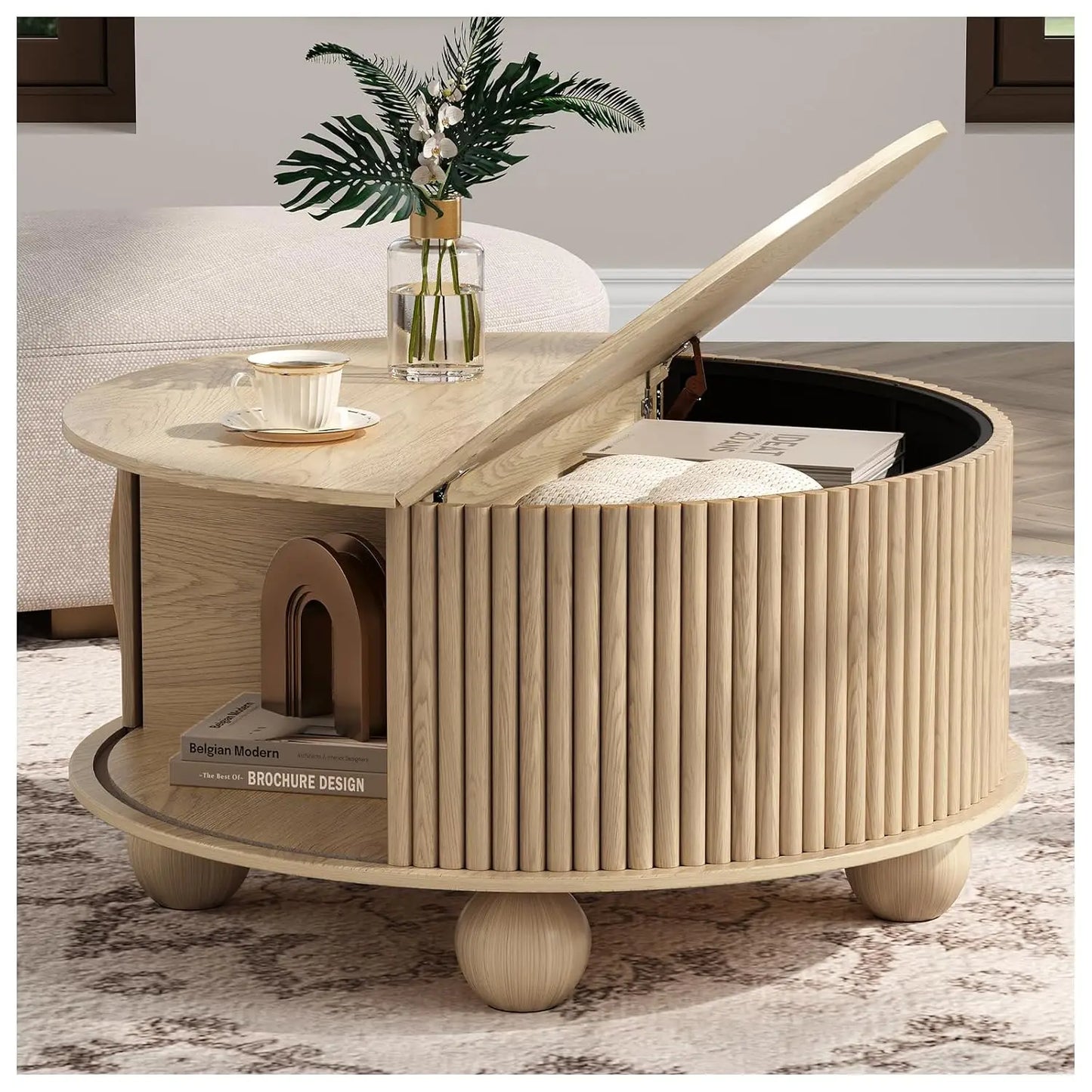 Round Coffee Table With Hidden Storage Walnut Wood Drum Table