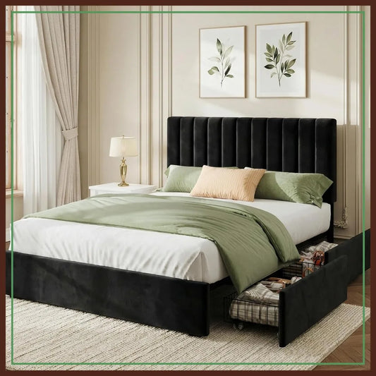 Velvet Bed Frame Queen Size 4 Drawers Storage, Upholstered Platform with Tufted Headboard, No Box Spring, Black