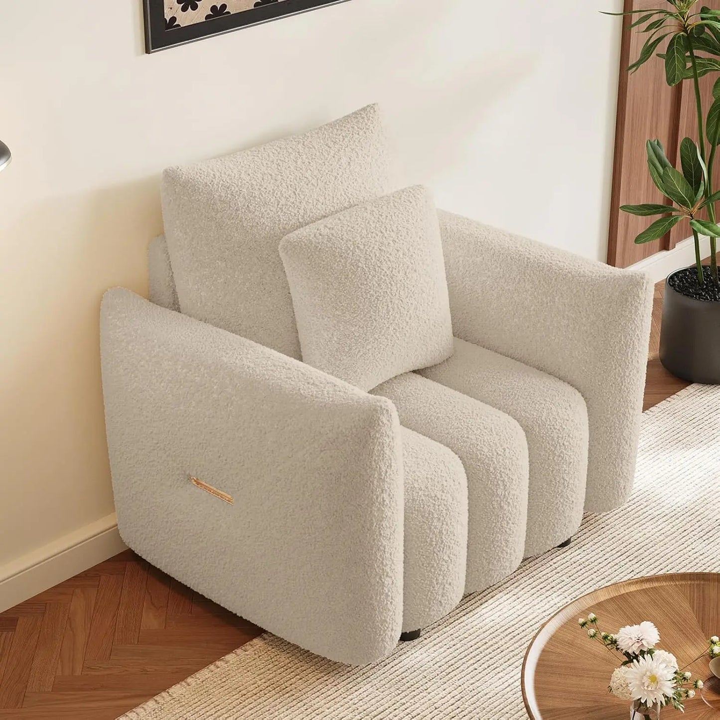 Boucle Cloud Sofa Couch, Modern Deep Seat Boucle Single Sofa Chair, Comfy Upholstered Sherpa Couch with Pillow,, Custom