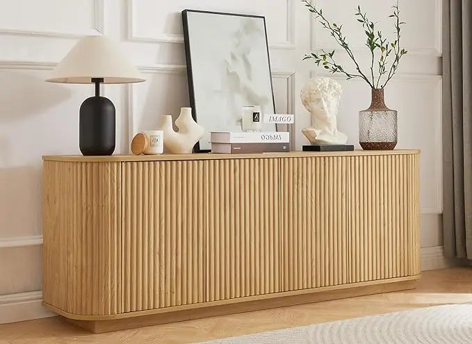 Fluted Wooden Sideboard Buffet Cabinet With Adjustable Shelves