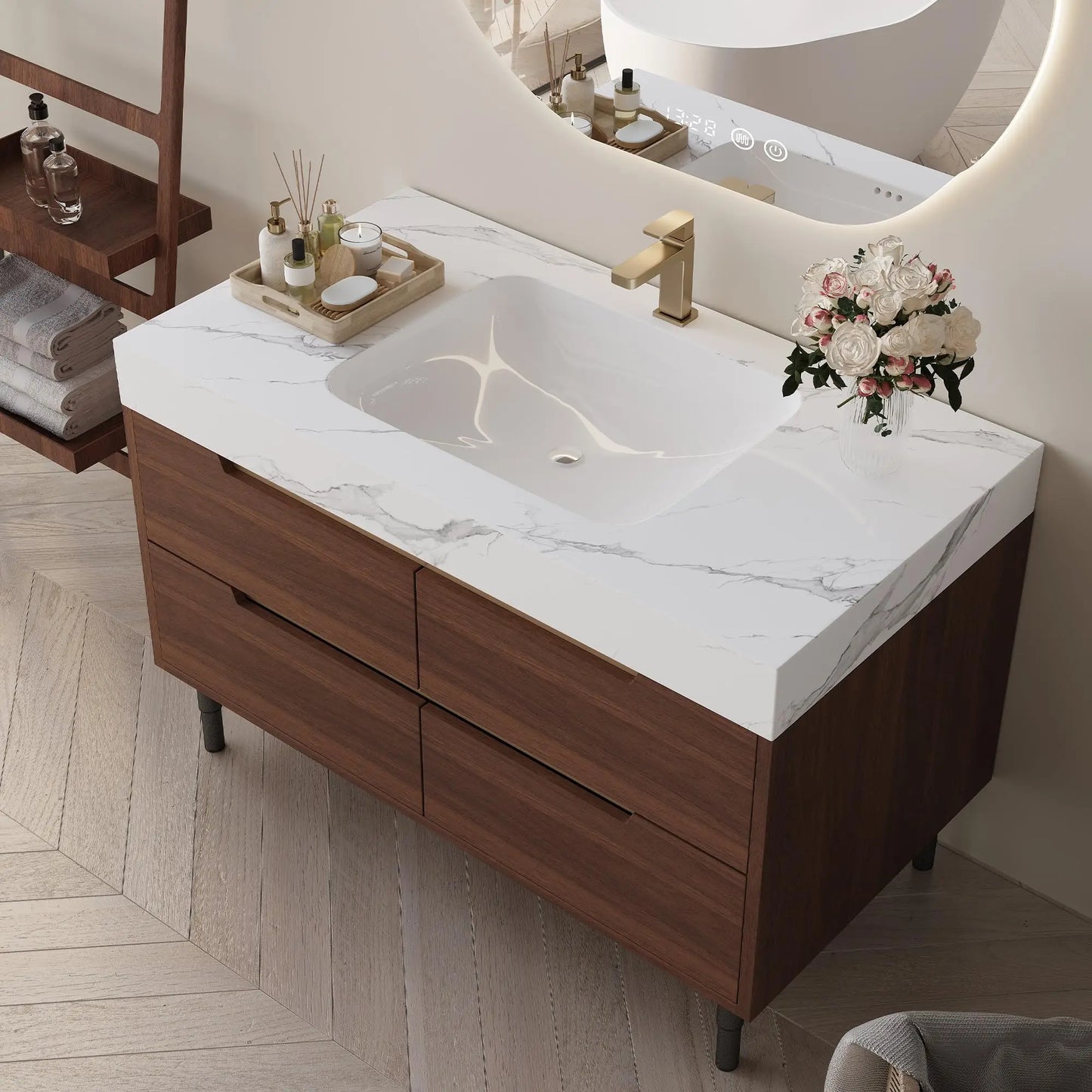 Solid Wood Vanity With Ceramic Sink And Sintered Stone Top
