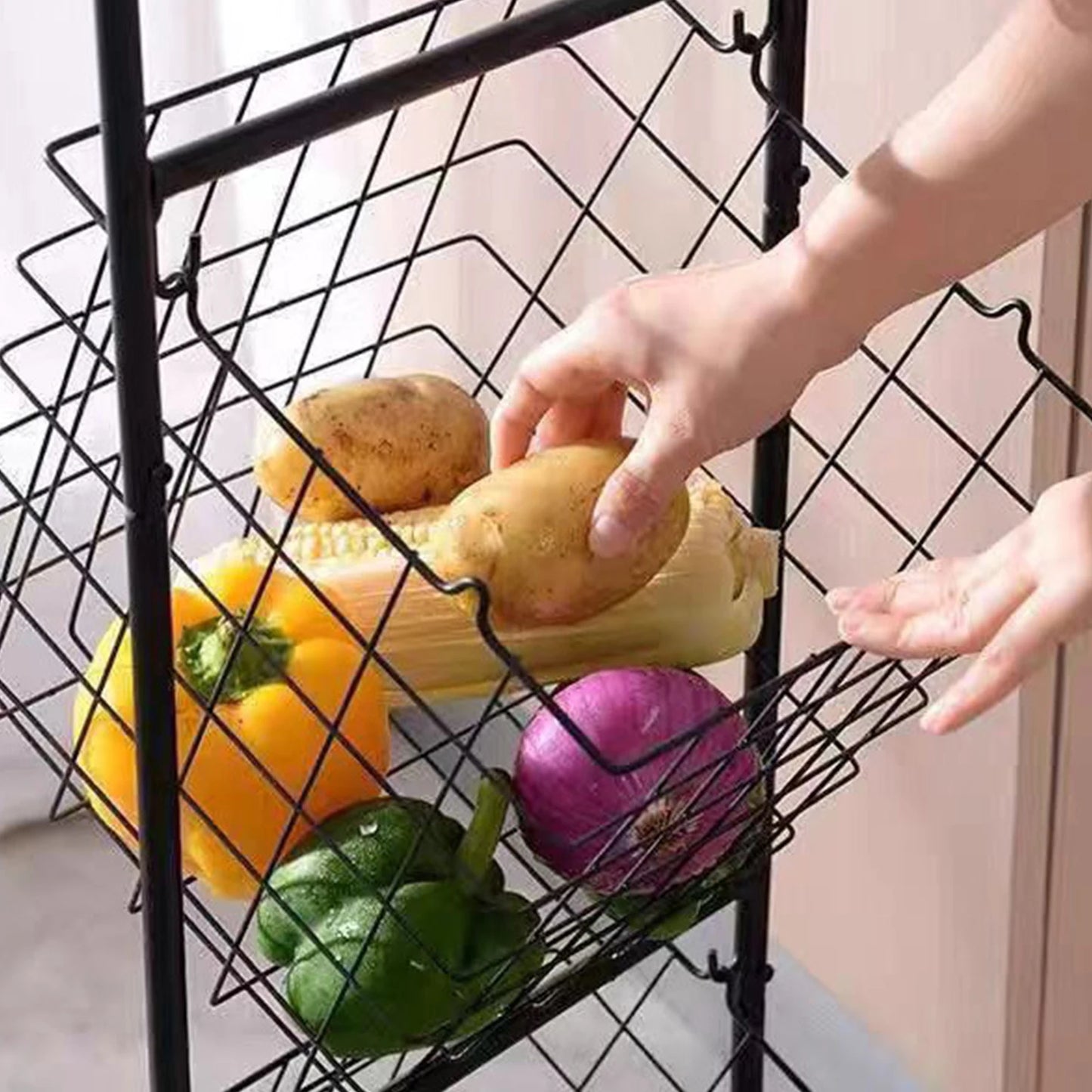 3-Tier Floor Standing Storage Basket Metal Wire Fruit Vegetable Rack for Kitchen Rolling Baskets Space Saving Organizer Stand