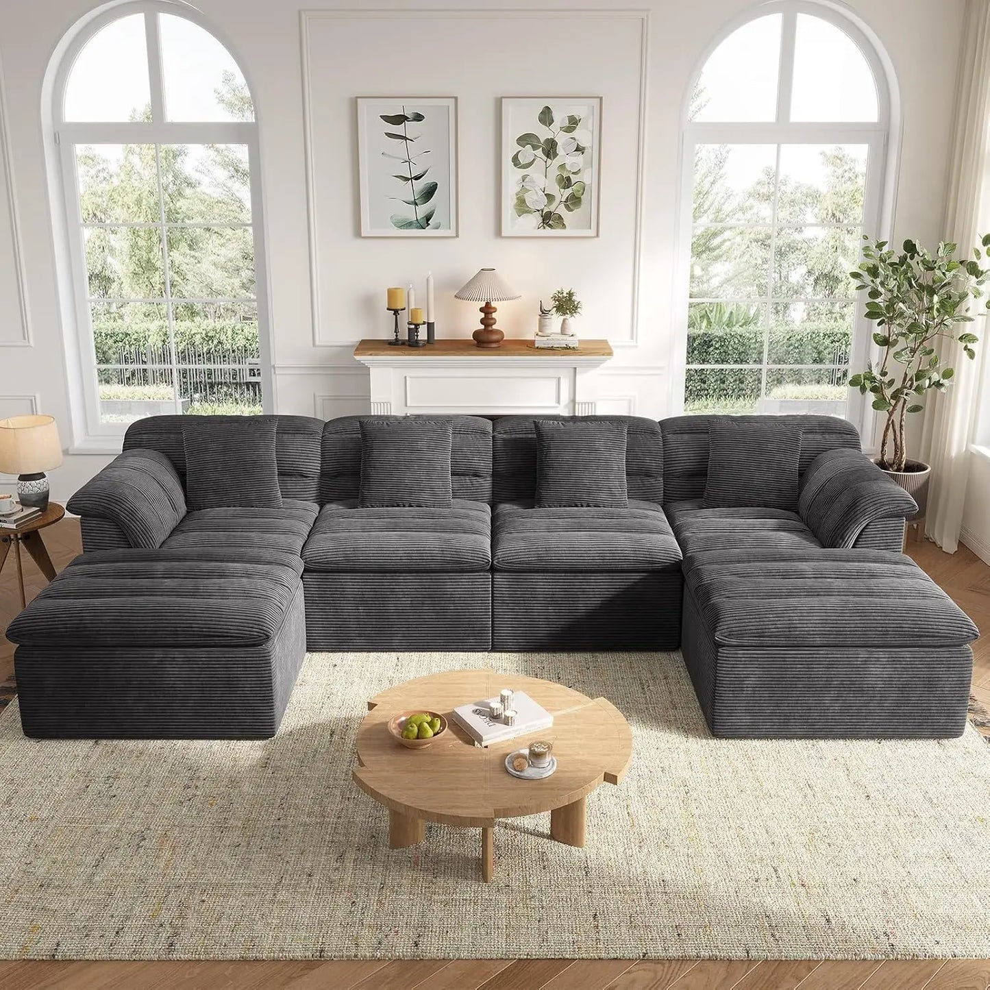 142" Modular Cloud Sectional Couch with Ottoman Modern Upholstered Compressed Sofa Deep Seat, Comfy U-Shape Corduroy Couches