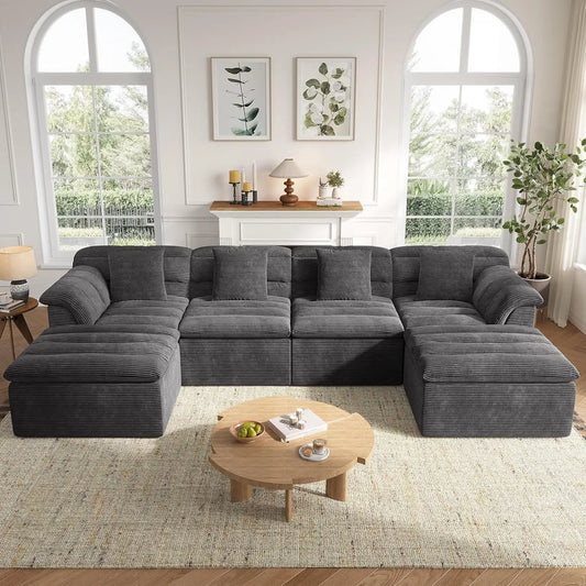 142" Modular Cloud Sectional Couch with Ottoman Modern Upholstered Compressed Sofa Deep Seat, Comfy U-Shape Corduroy Couches The Pet & Home Store