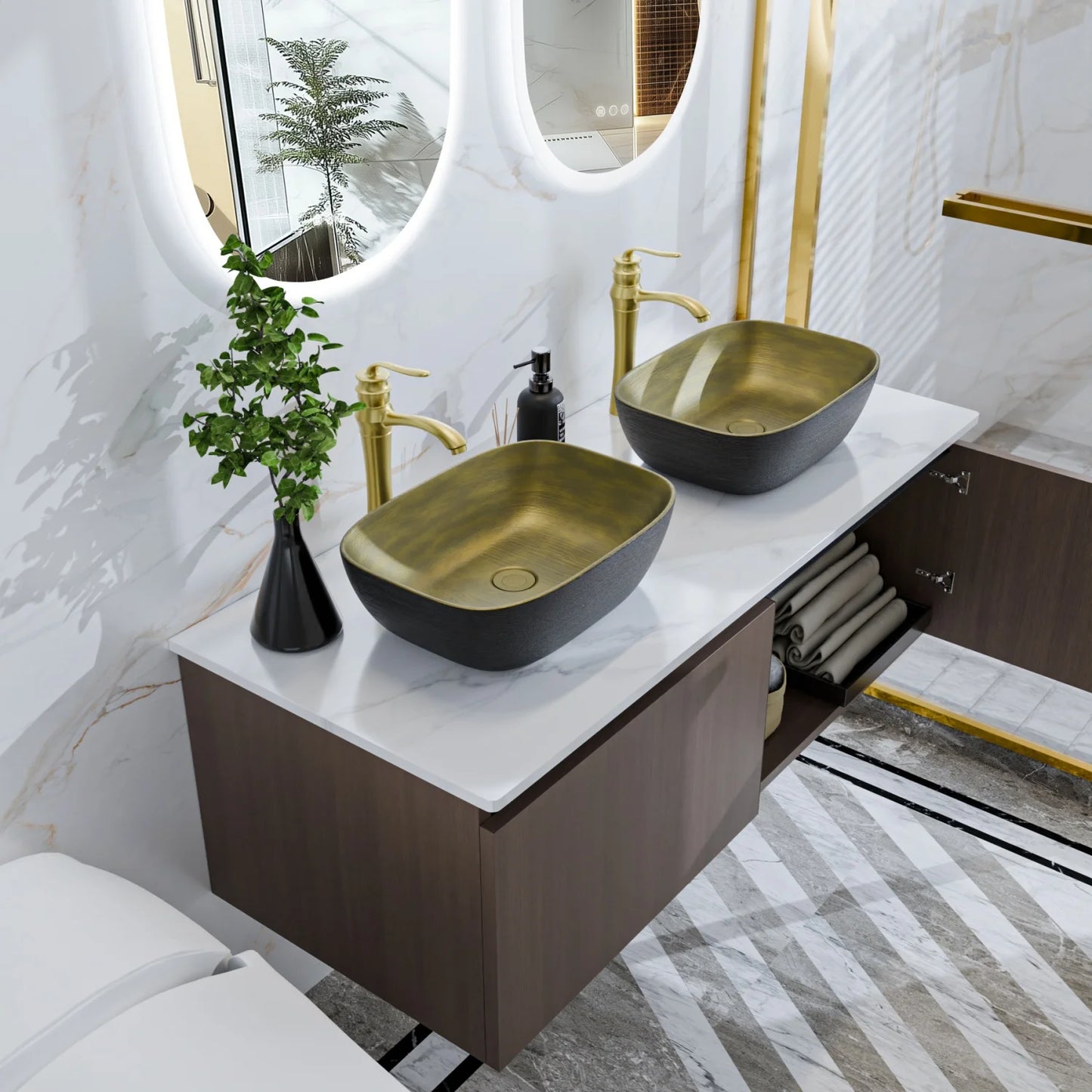 80/100/120CM Bathroom Vanities Sink Set Wall Mounted Floating Cabinet w/ Ceramic Basin Sintered Stone Top, Faucet and Hoses