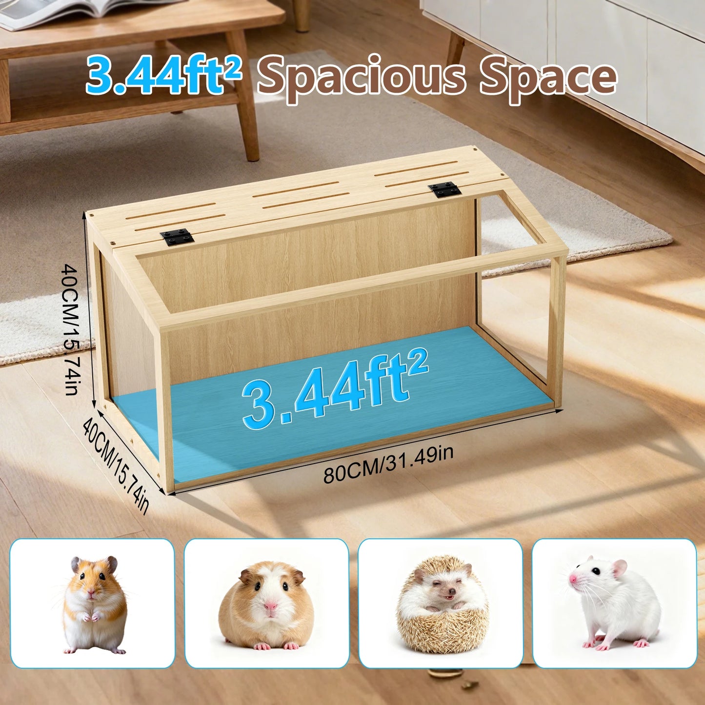 Wooden Hamster Cage With Tempered Glass And Open Roof LED