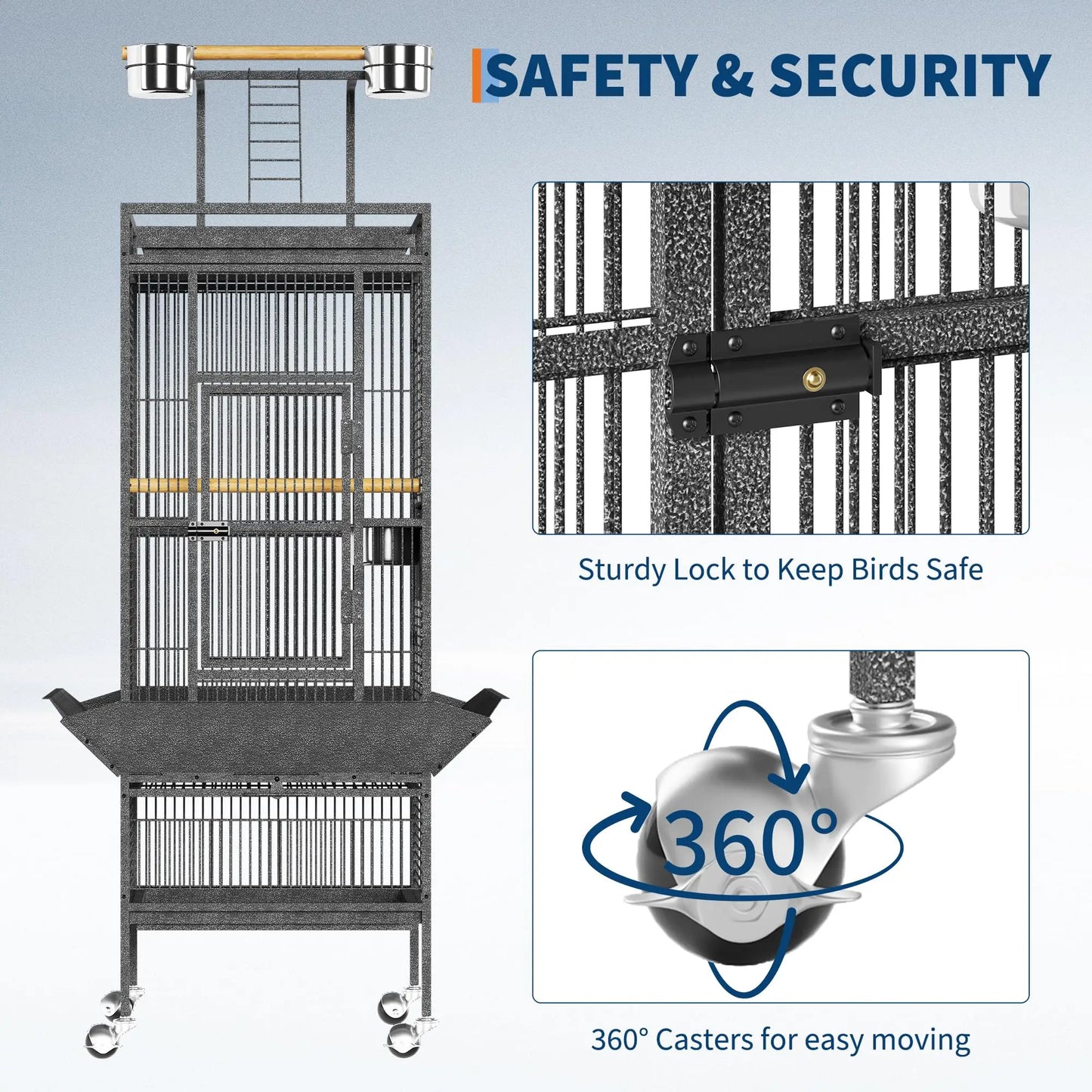 HiMISS Large Bird Cage With Rolling Stand, Sliding Tray, Bowls