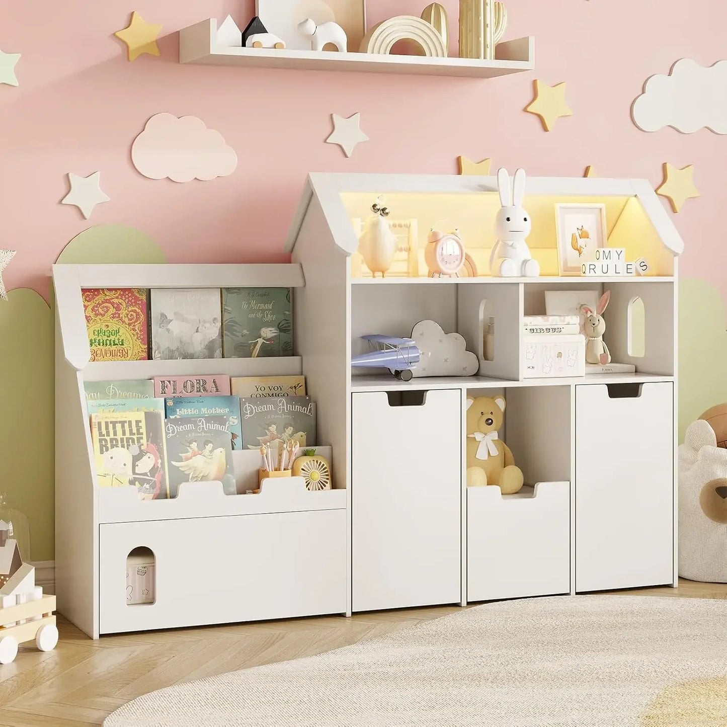 White Castle Shaped Kids Bookshelf Toy Storage Organizer With Removable Drawers Cabinets Storage Cubbies LED Lights For Bedroom