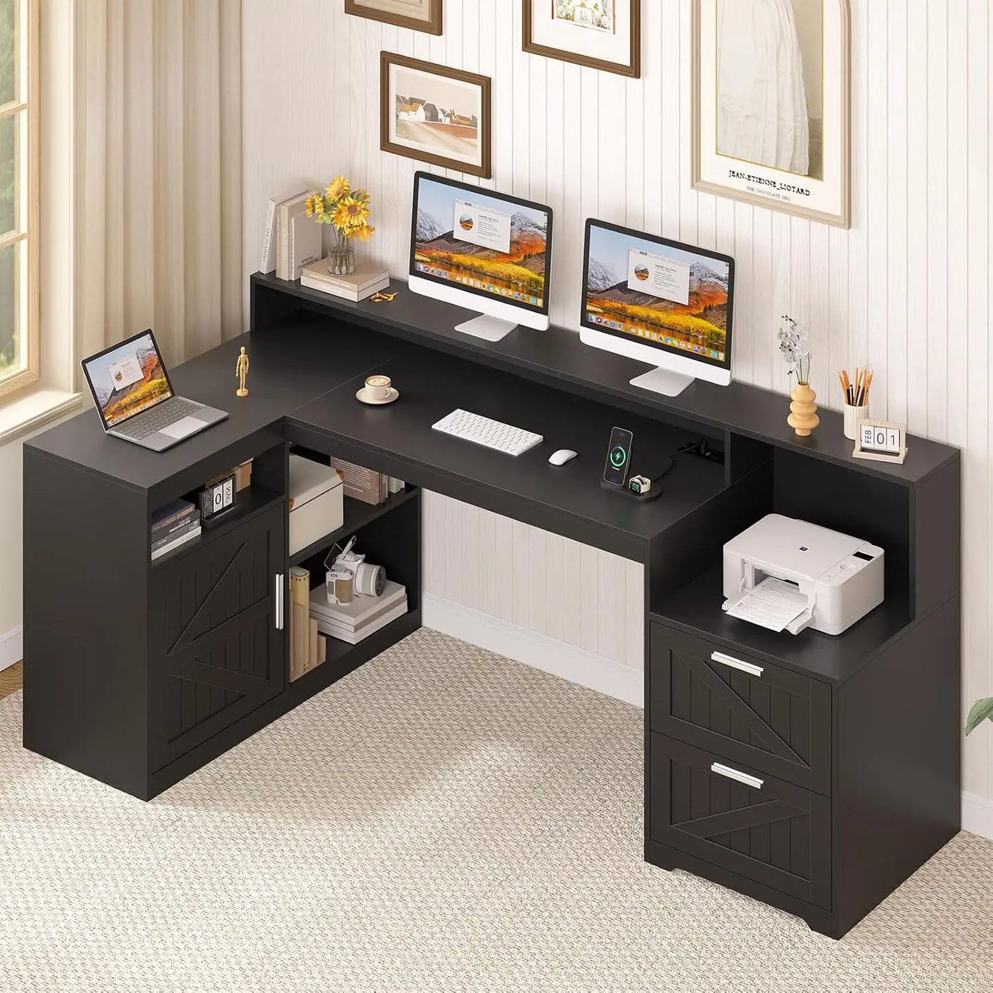 L Shaped Home Office Desk With USB Outlet And Storage