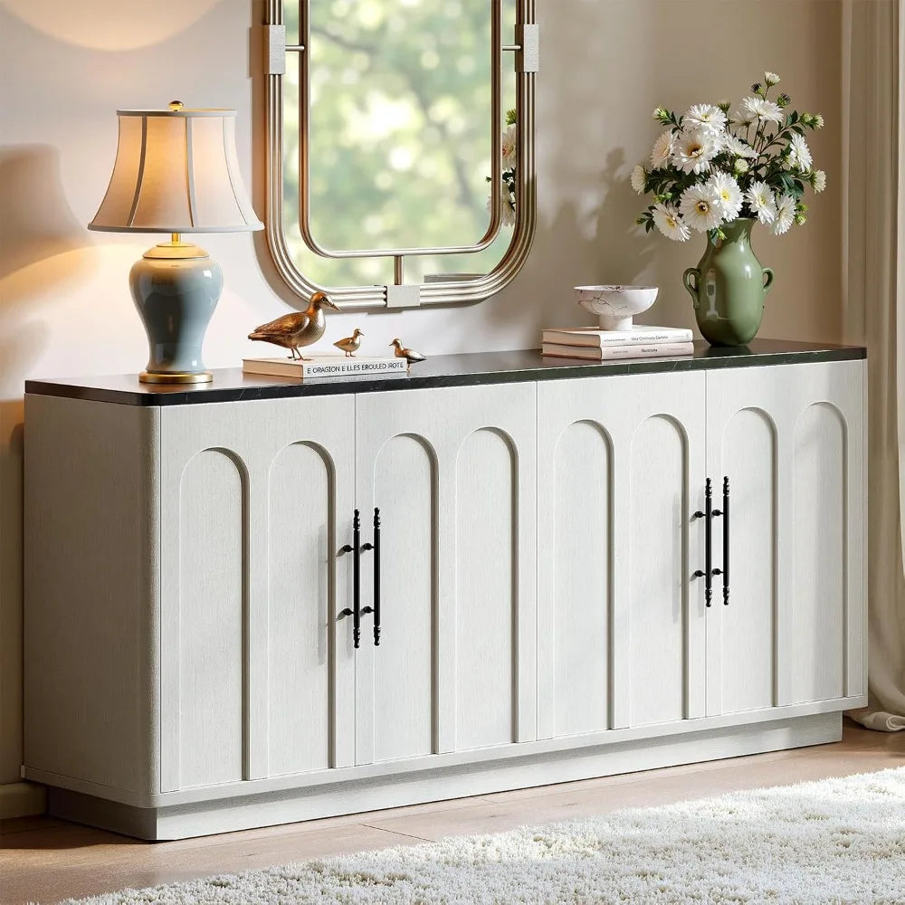 67" Arched Buffet Cabinet with Storage, Warm White 4-Door Sideboard Credenza, Mid Century Modern Storage Cabinet, Customized