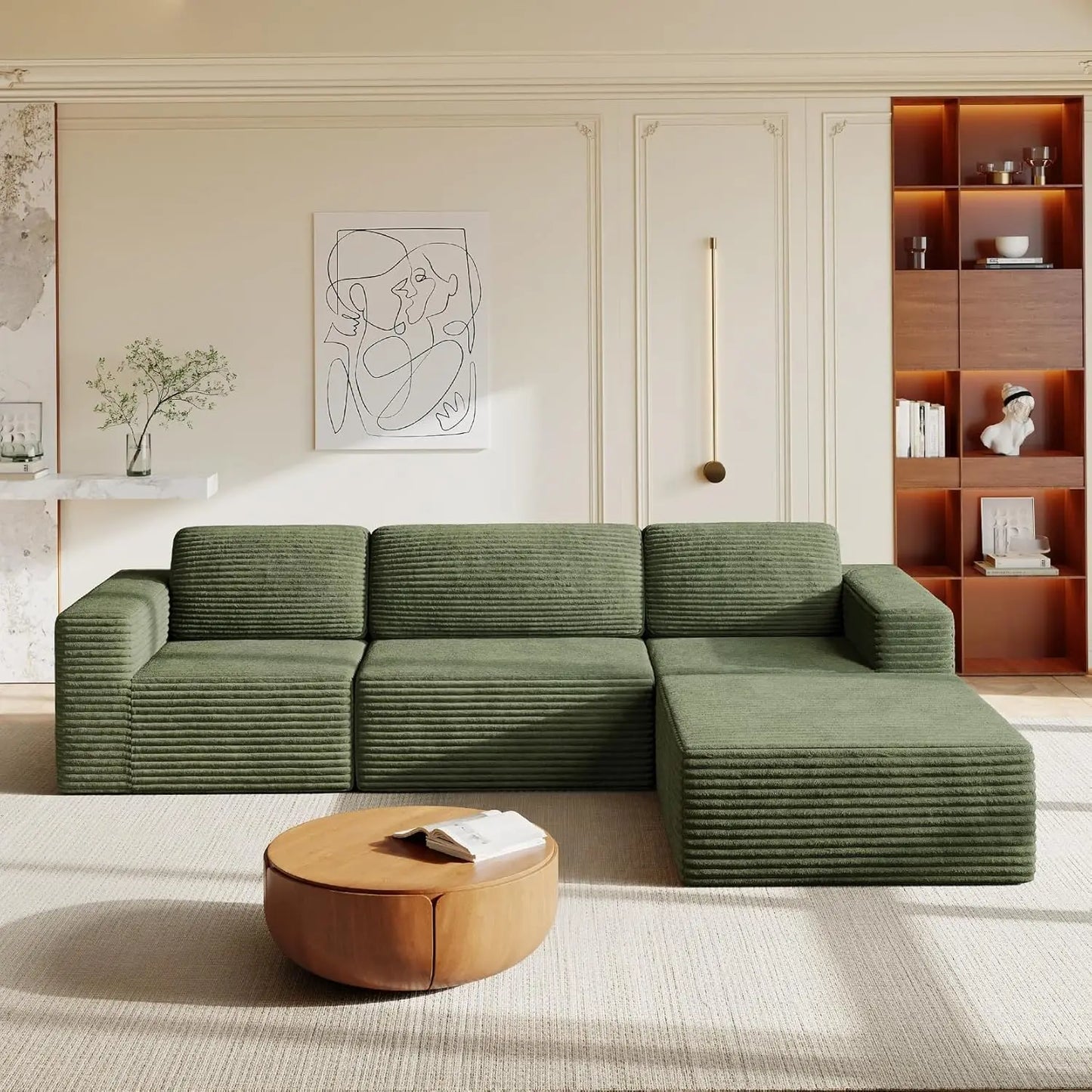 Corduroy L-Shape Modular Sofa With Movable Ottoman Sectional