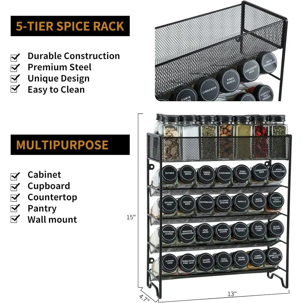 Spice Rack Organizer with 28 Spice Jars, Black Lids, Spice Labels, Chalk Pen, and Tunnel Set for Cabinet, Countertop, Pantry, Cu