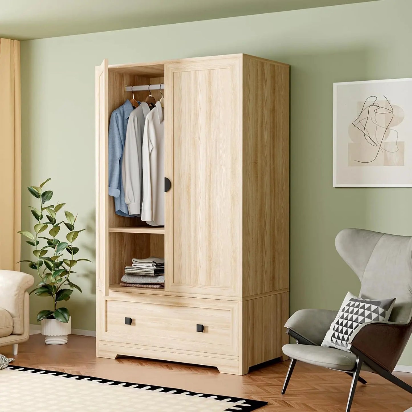 Wood Armoire Wardrobe Cabinet With Drawers And Hanging Rod