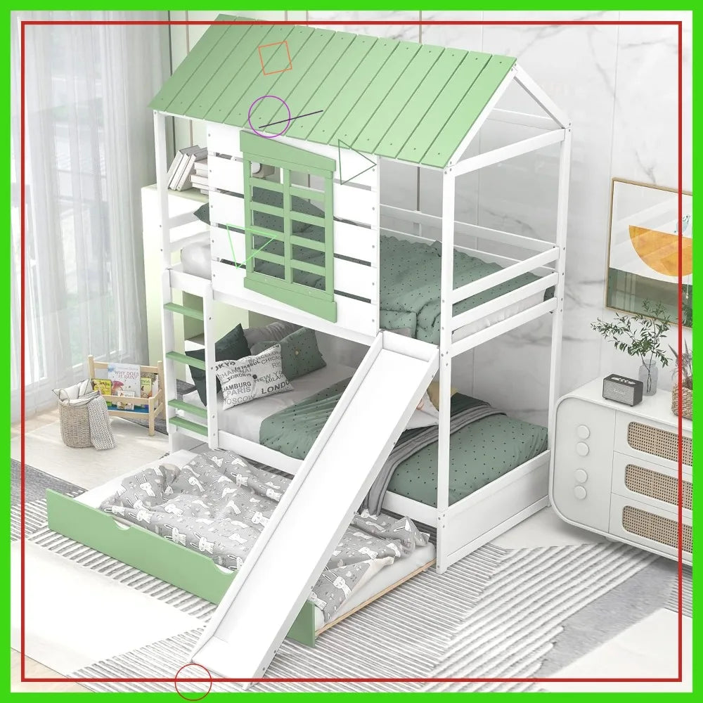 Twin Over Twin Bunk Bed With Slide Trundle Playhouse