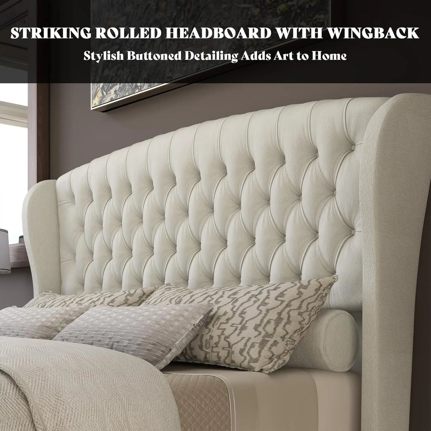 California King Size Platform Bed Frame, Velvet Upholstered Sleigh Bed with Scroll Wingback Headboard & Footboard/Button Tufted/