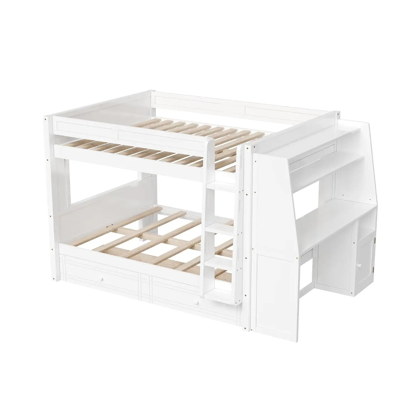 Full Over Full Multifunctional Bunk Bed with Desk and Bookshelves, Drawers, Space-Saving Wooden Bunk Bed for Kids &, Customized