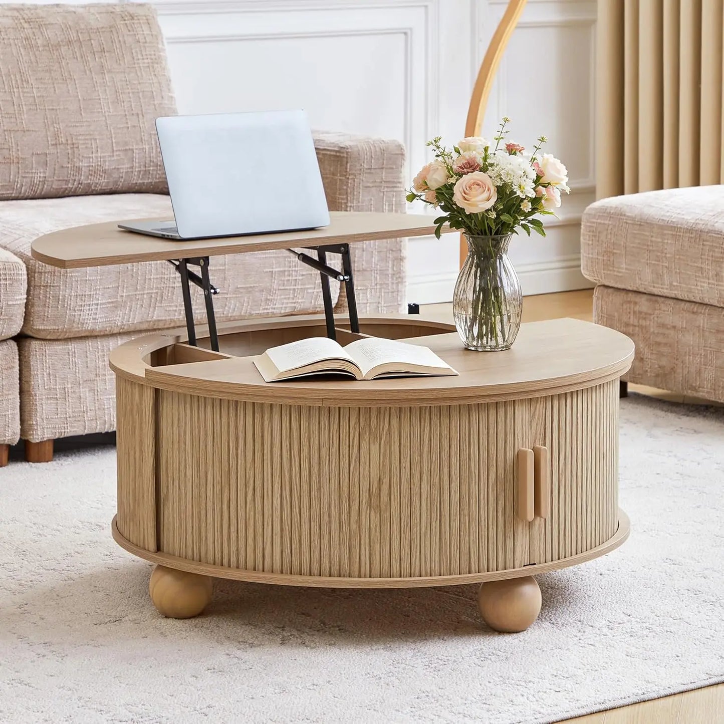 33.5" Lift-Top Coffee & 24" End Table Set 3-Piece Storage Living Room Furniture Natural Customized