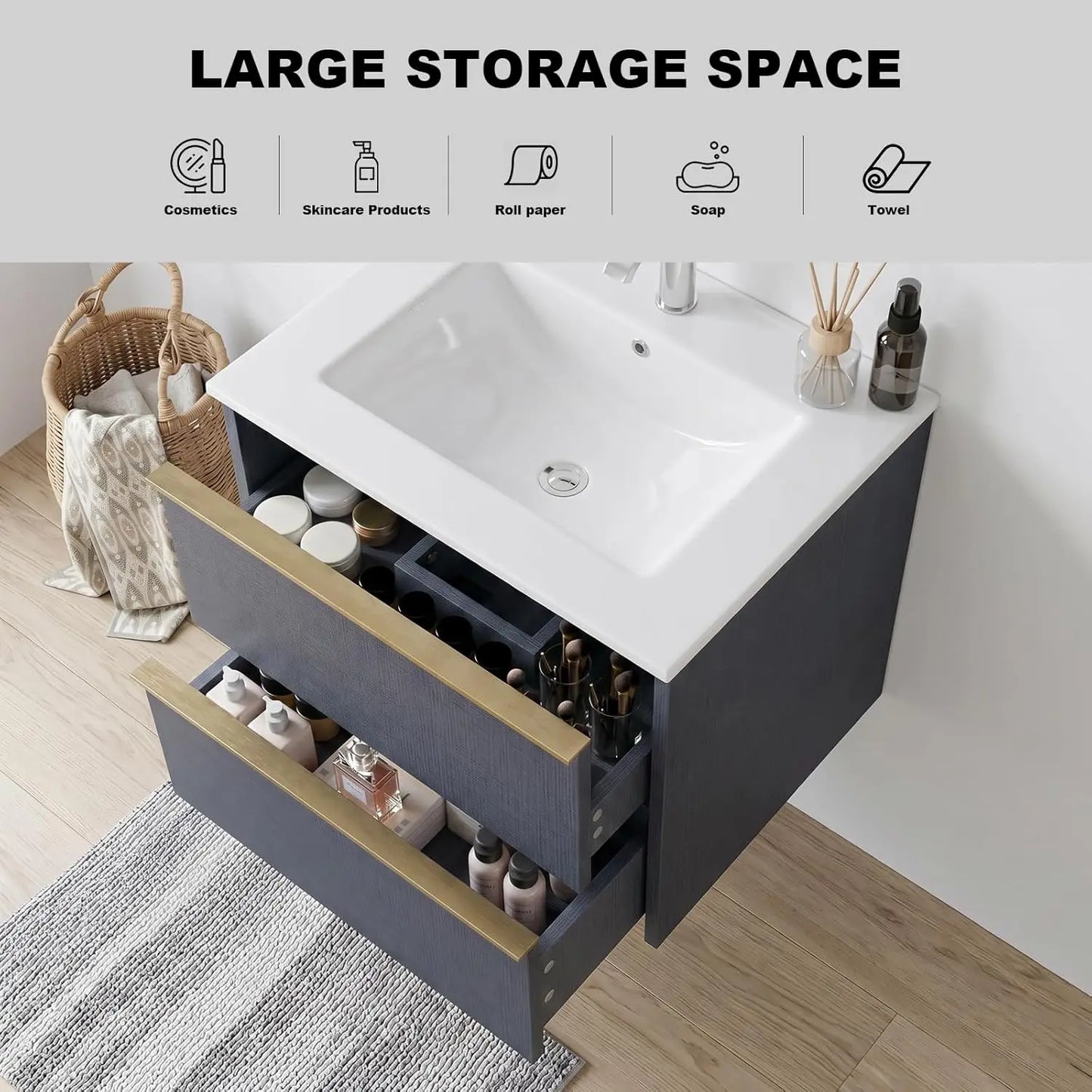 Floating Double Sink Acrylic Wood Vanity With Wall Mounted Cabinet