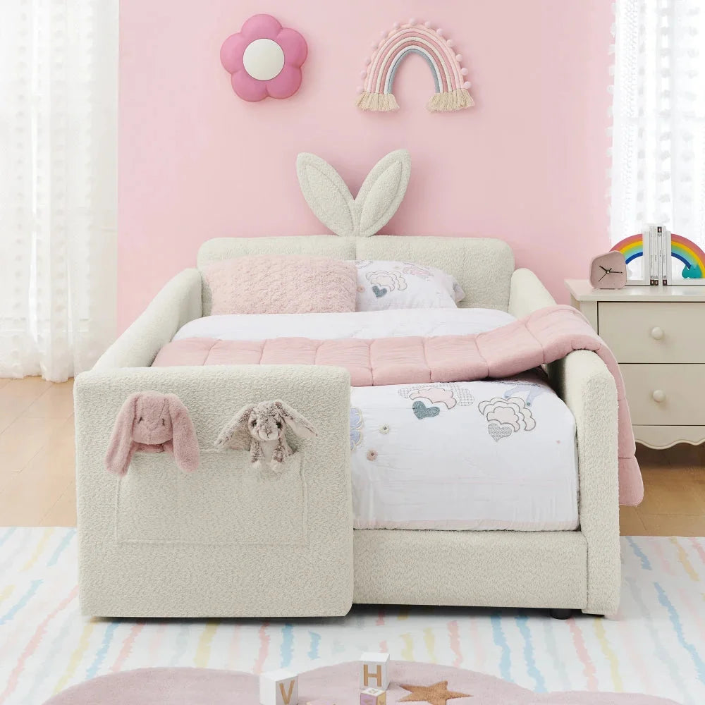 Twin Size Upholstered Platform Bed with Cute Rabbit Ear Shaped Headboard, with Safety Rail and Pocket, Boucle Fabric, Beige The Pet & Home Store