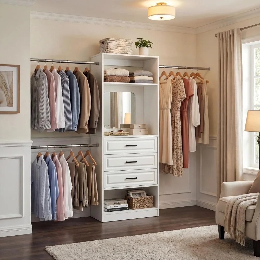48"-96" Adjustable Closet Organizer System with Mirror, Drawers, Hanging Rod, and Tower for Heavy-Duty Clothing Storage, White