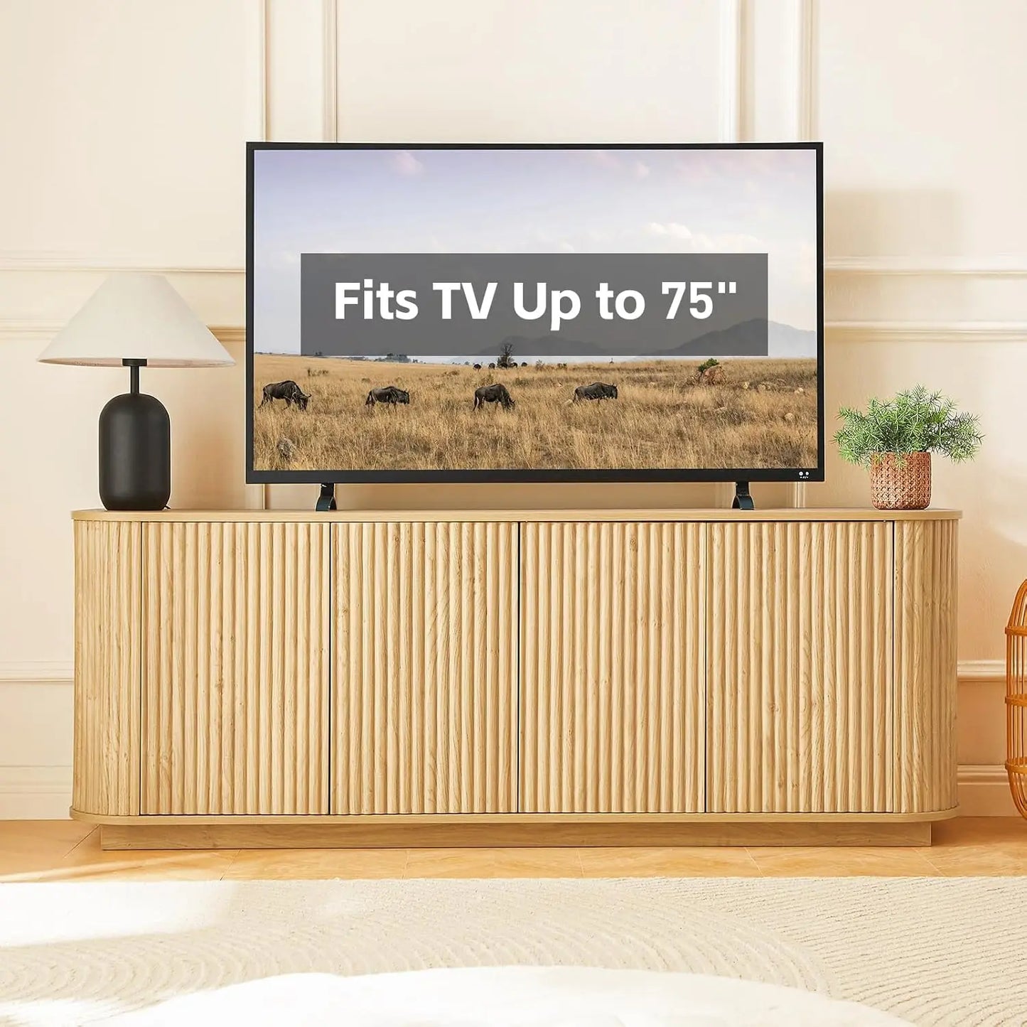 64 Inch Fluted TV Stand With Storage And Adjustable Shelves