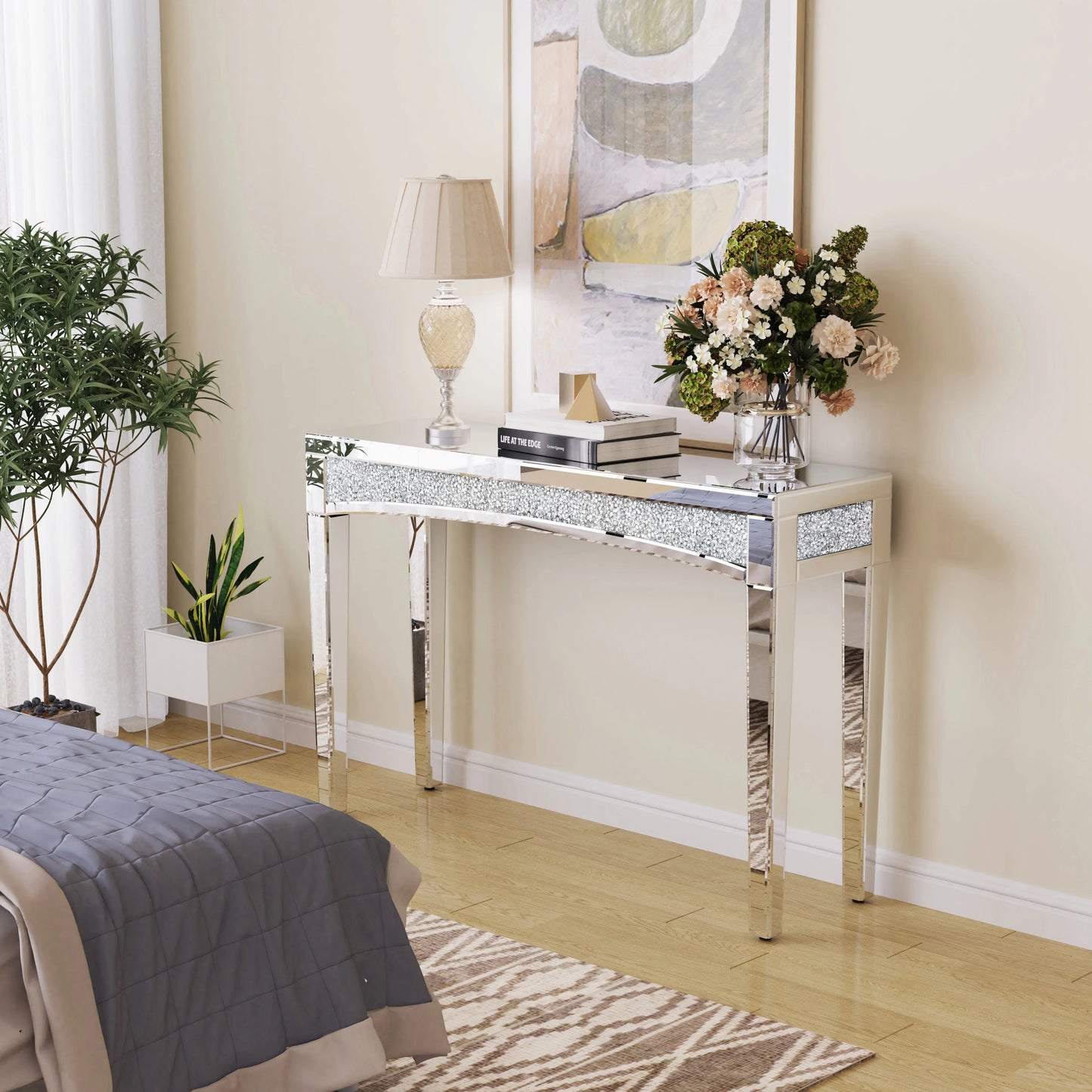 Mirrored Desk Console Table With Crystal Inlay For Living Room