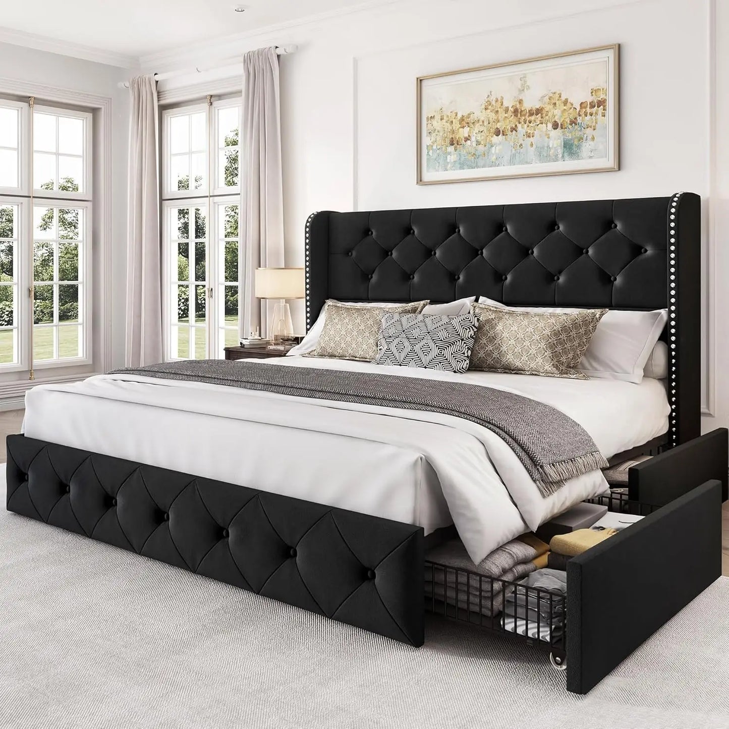 Upholstered Queen Size Bed Frame with 4 Storage Drawers and 47.2" Tall Wingback Headboard Tufted Platform Bed Frame, Customized
