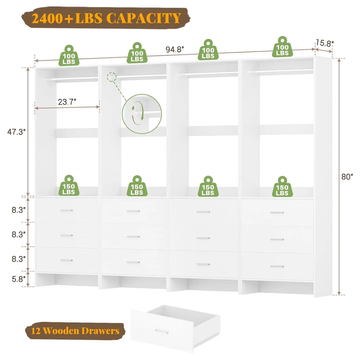 Wood Closet Organizer System With Hanging Rods For Walk In Wardrobe Set Of 4