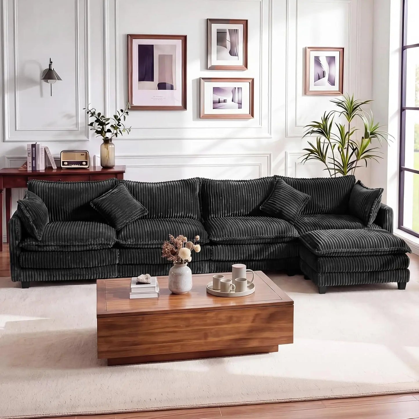 L Shape Modular Sectional Sofa Corduroy Cloud Living Room 3 Seat Ottoman Pillows Dark Grey, Custom