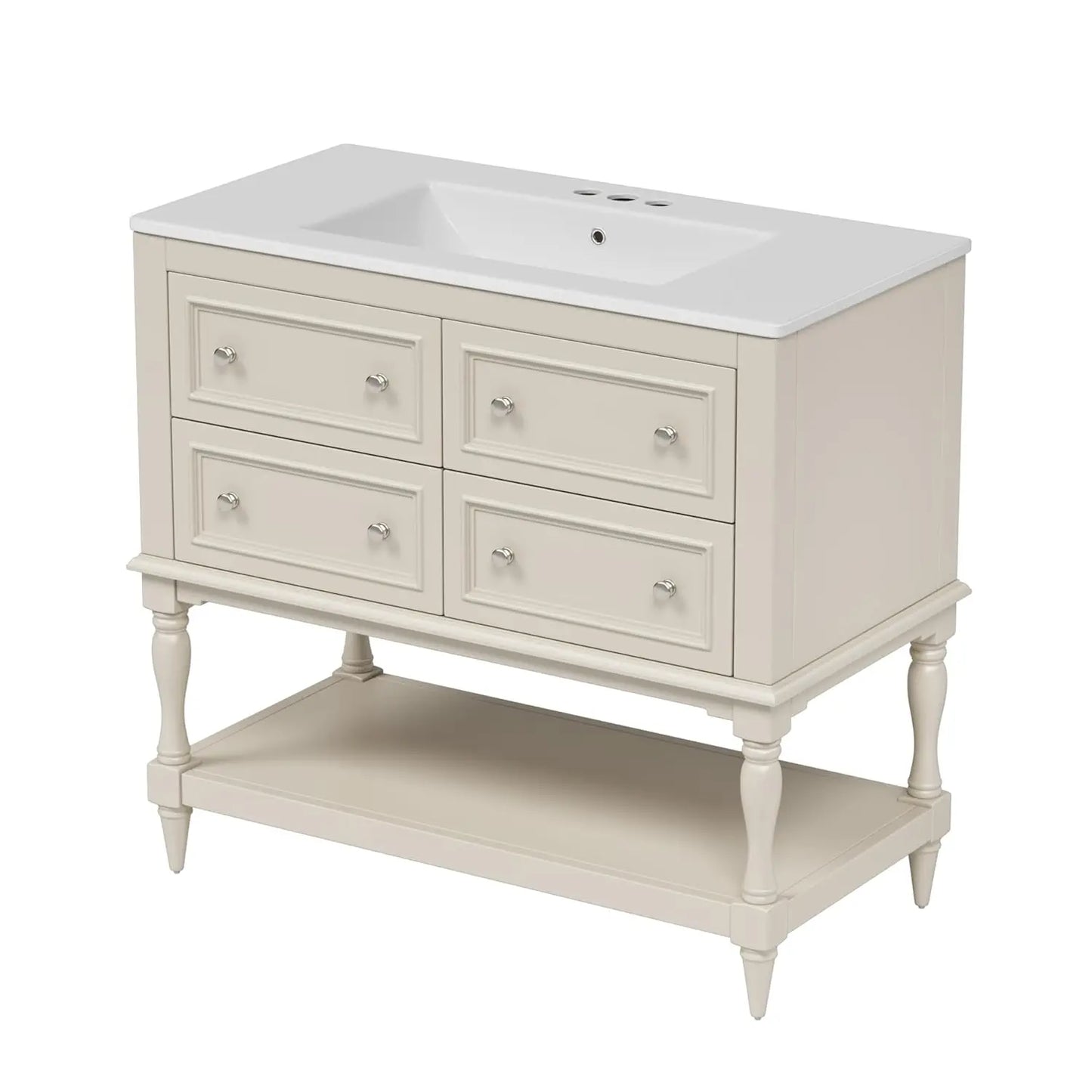 36" Bathroom Vanity with Sink Farmhouse Storage Cabinet 4 Drawers Open Shelf Solid Wood Frame Bath Furniture Customized
