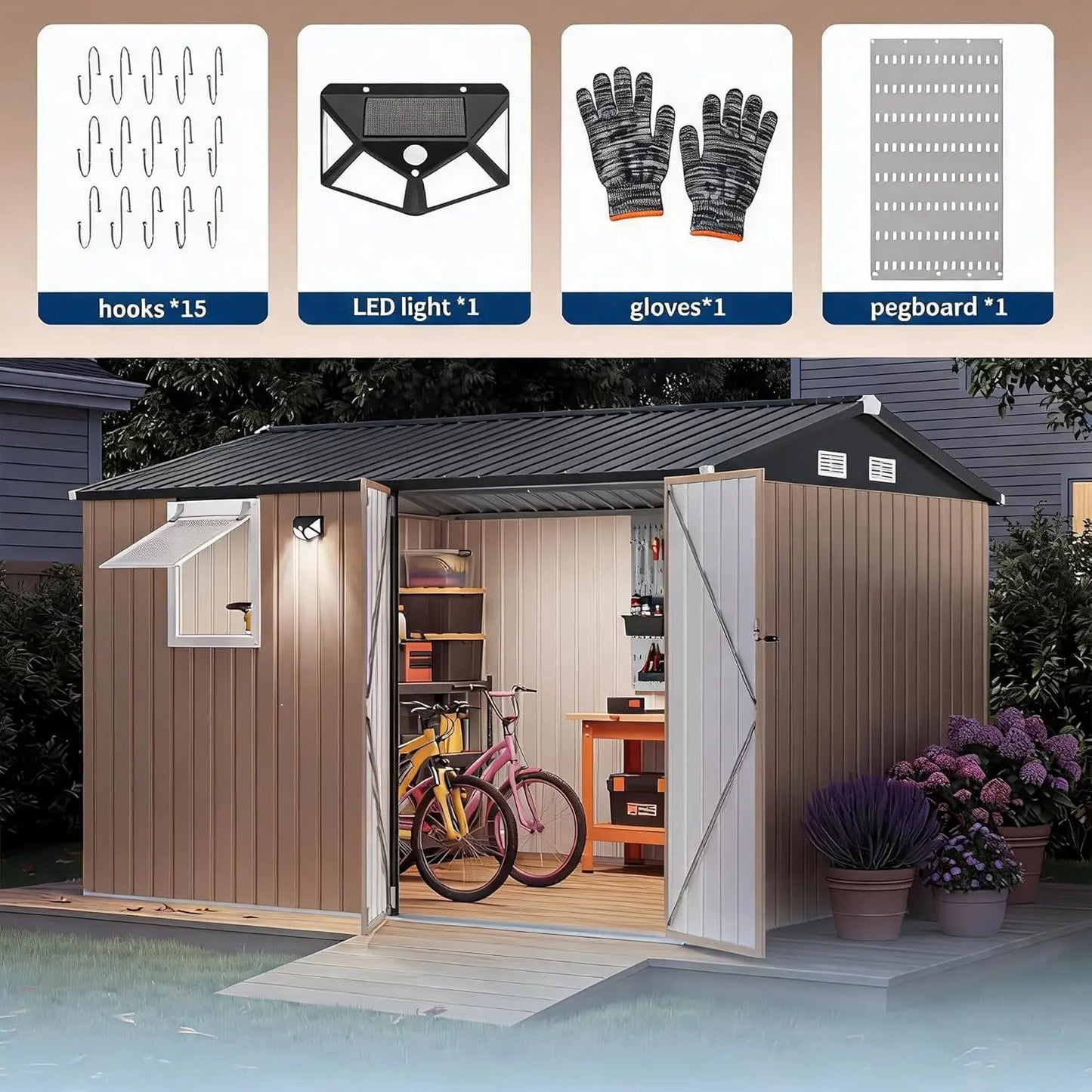 10x8FT Metal Outdoor Storage Shed Pushable Window Solar LED Pegboard Sloping Roof Lockable Doors Backyard Tool Shed, Custom