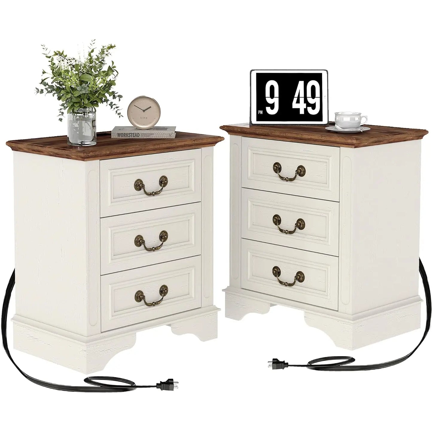 Farmhouse Nightstand Set of 2 with Charging Station & 2-Drawer Storage, Antique White for Bedroom, Custom